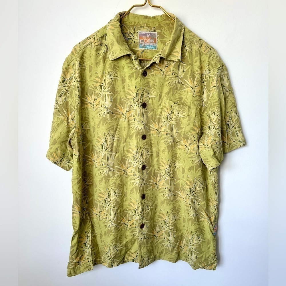 It’s 5 O’Clock Somewhere Green Silk Tropical Short Sleeve Hawaiian Shirt Med